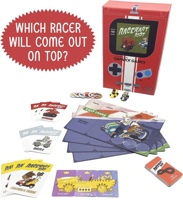 Koop nu Race Kart Riot! Ga naar de wereld van pure adrenaline en chaotische races met dit spel, het geweldige bordspel dat je hart sneller doet kloppen.