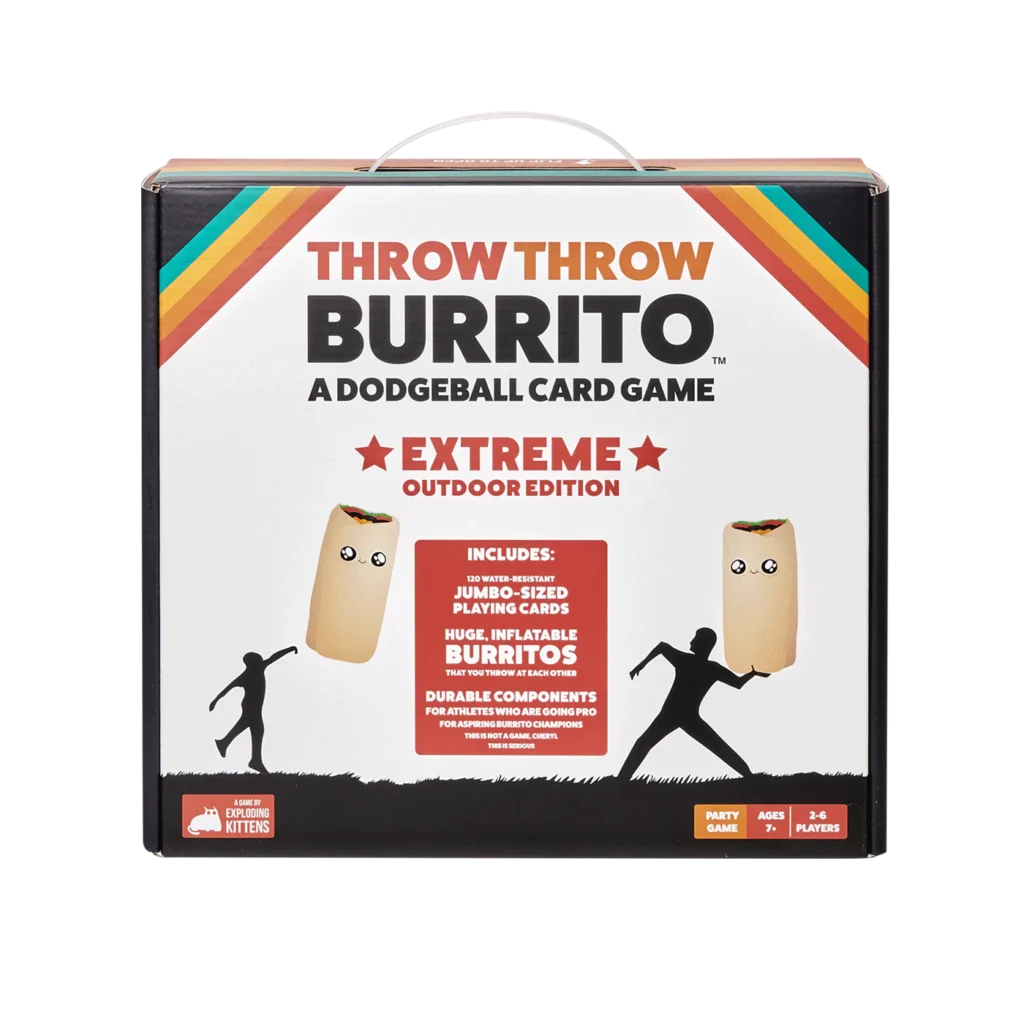 Throw-throw-burrito-extreme-outdoor-edition- Ervaar de ultieme sensatie van het eerste trefbalkaartspel ter wereld met de Throw Throw Burrito Extreme Outdoor Edition! Dit spel, dat zowel EXTREEM als OUTDOOR is, neemt je mee in een waanzinnige avontuur vol actie en hilariteit.