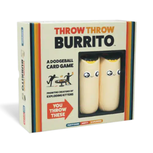 Throw Trow Burito - Ben je een fan van Exploding Kittens? Dan moet je Throw Throw Burrito spelen! Dit grappige partyspel combineert kaartspel met trefbal en zorgt voor onvergetelijke speelervaringen. Verzamel kaarten, speel kaarten en gooi speelgoedburrito's naar je tegenstanders... maar pas op, want zodra de Burrito-kaart wordt gespeeld, volgt er een duel waarbij je de inknijpbare, schuimrubberen burrito's moet ontwijken. Het draait allemaal om kaarten verzamelen, punten verdienen en je vrienden en familie uitdagen met goed gemikte worpen.